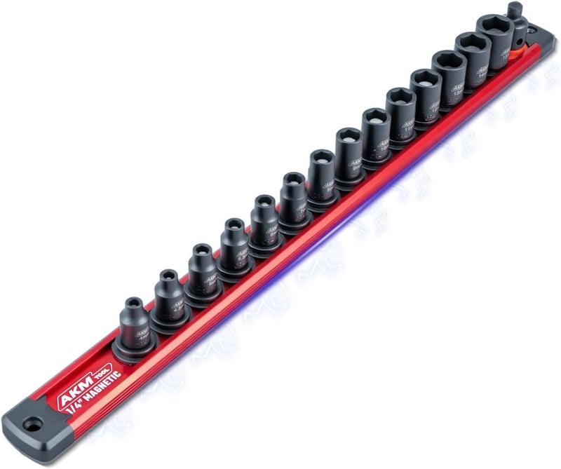 AKM TOOL 1/4 Inch Drive Magnetic Impact Socket Set, 15-Piece Metric, 4mm-15mm, 6 Point, Cr-Mo, Square Drive, Magnetic Sockets with Adapter, Rail - Image 1